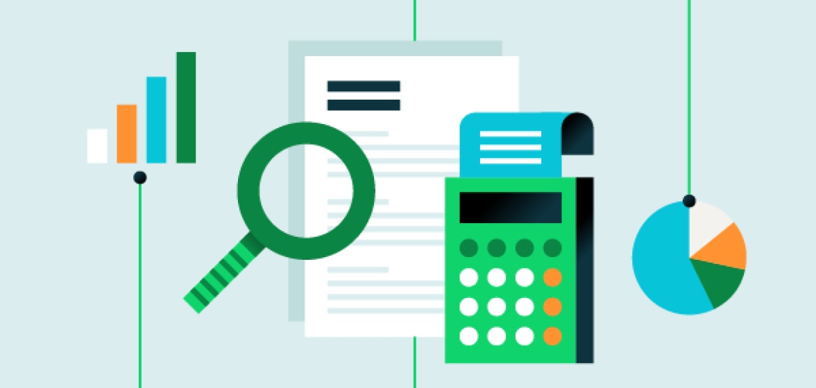 Accounting objects connecting a pie chart and a bar graph.