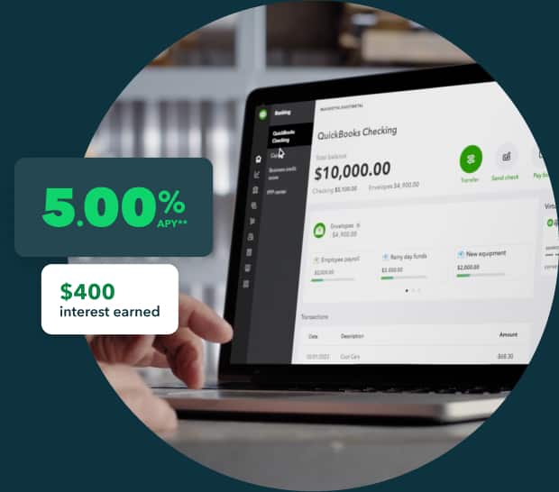 A man checking his QuickBooks Checking account sees he's earned $400 in interest at 5% APY.