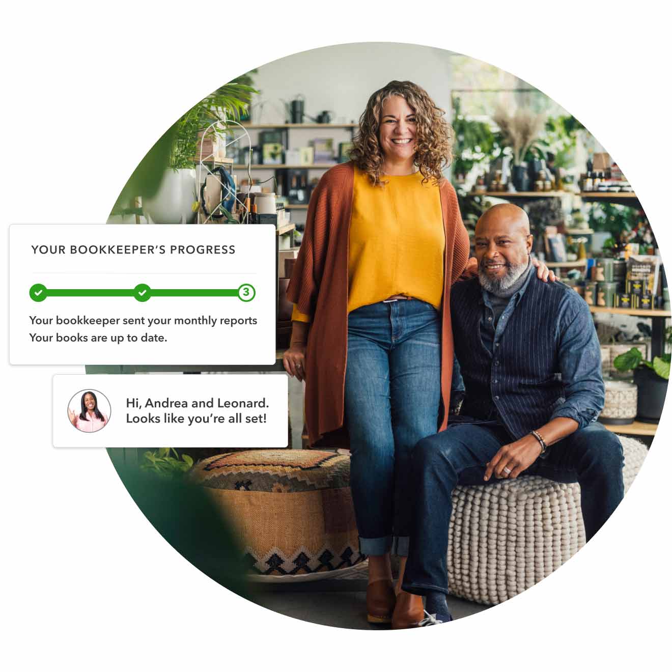 Two QuickBooks customers are in a retail store. A Live bookkeeper is in a chat window saying their books are up to date.