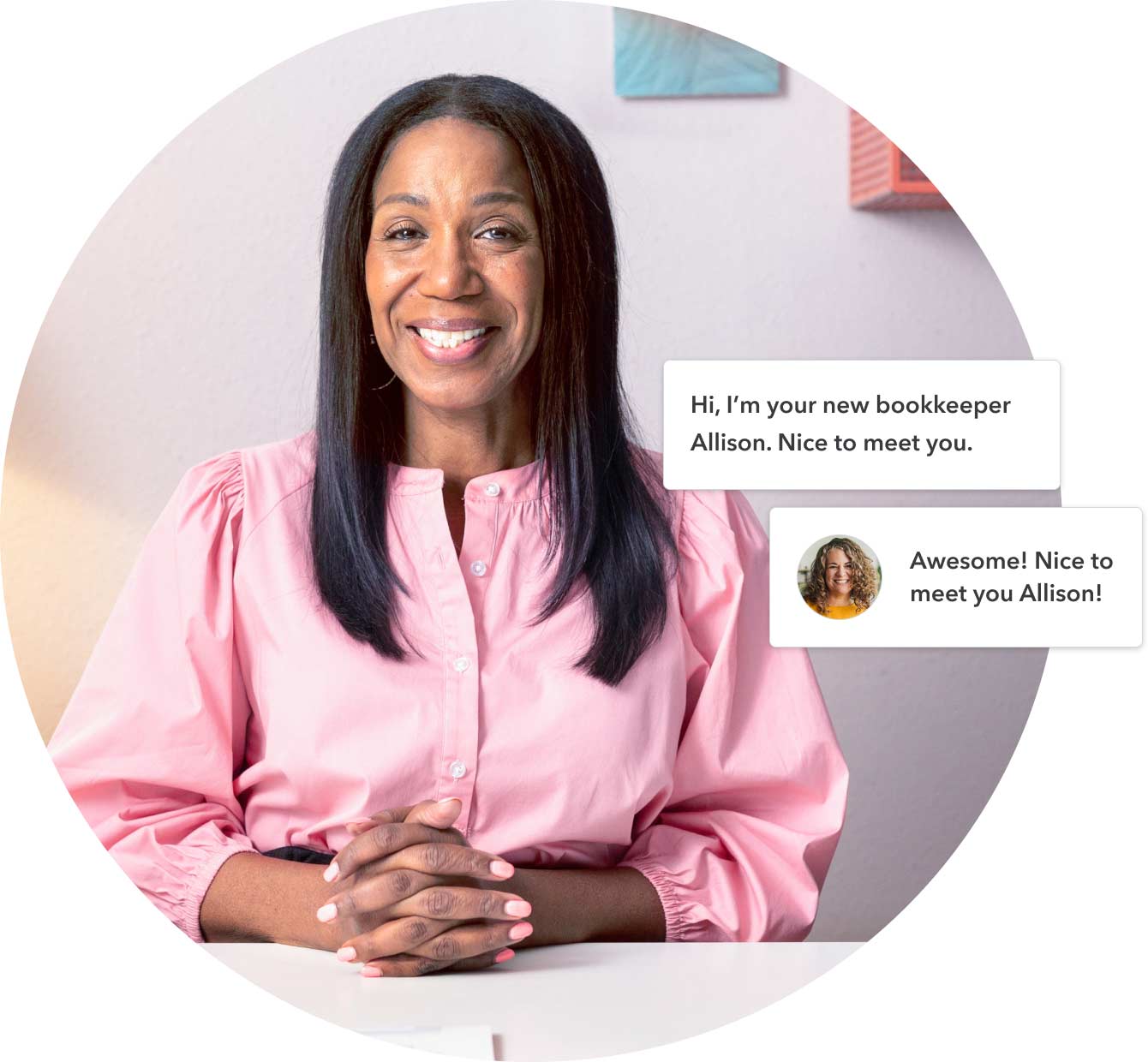 A QuickBooks bookkeeper named Allison is sitting at a desk introducing himself to a customer in a text conversation. 