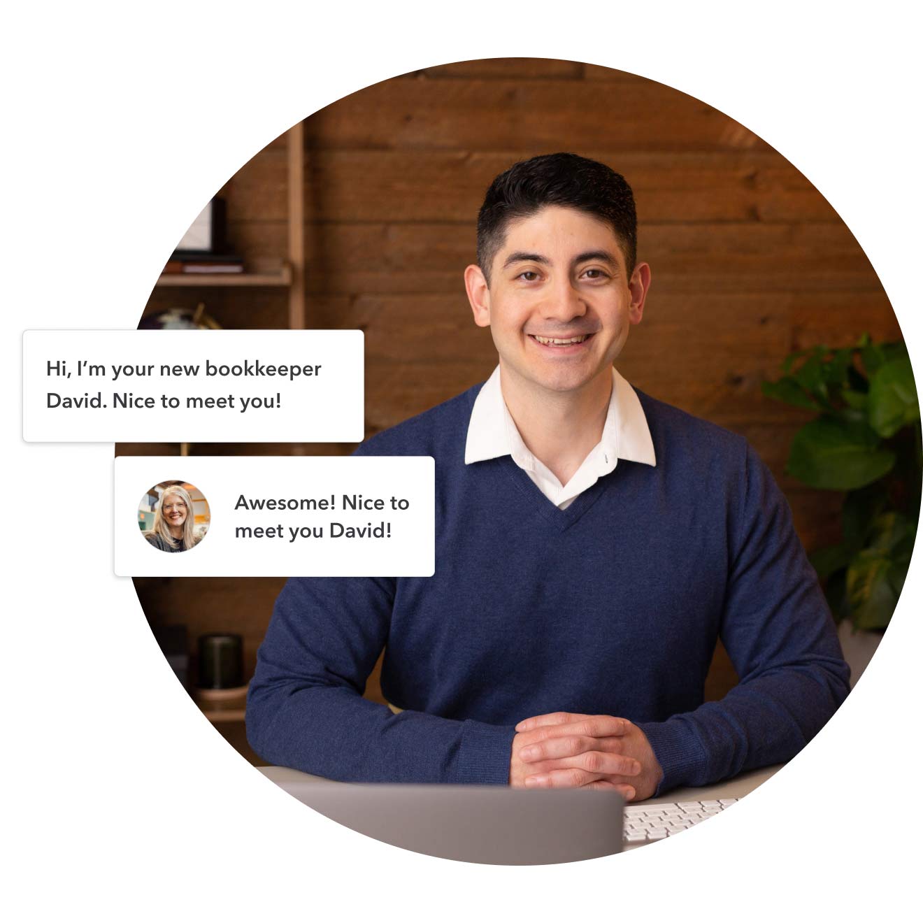 A QuickBooks bookkeeper named David is sitting at a desk introducing himself to a customer in a text conversation.