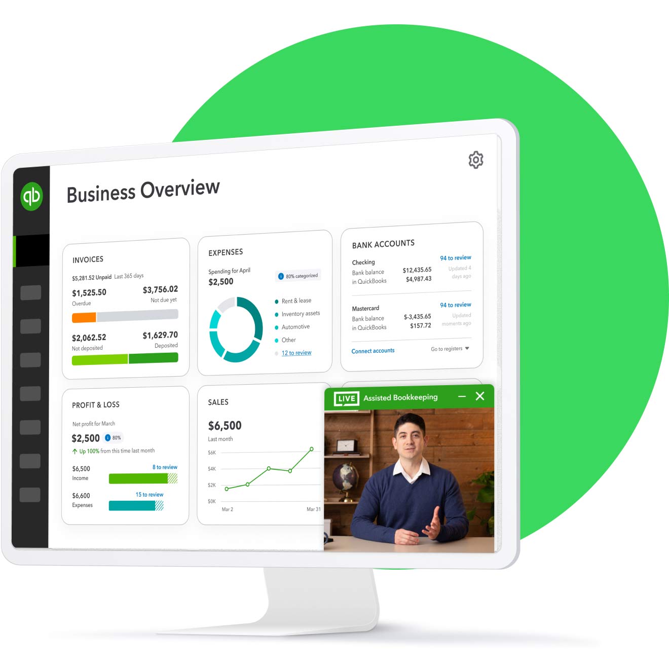 A QuickBooks customer dashboard with a video chat box of a Live Bookkeeper is on a desktop computer screen.