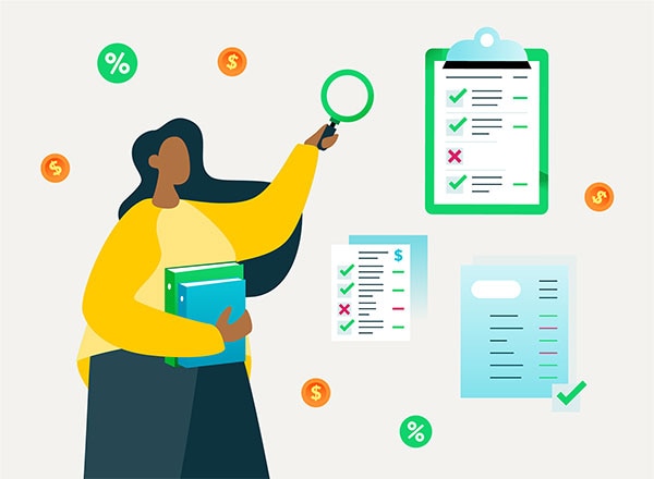 Female businesswoman is checking her double-entry accounting.