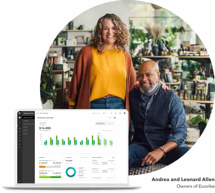 Andrea and Leonard Allen, owners of Ecovibe, sit in their shop. A laptop is open to their QuickBooks dashboard. 