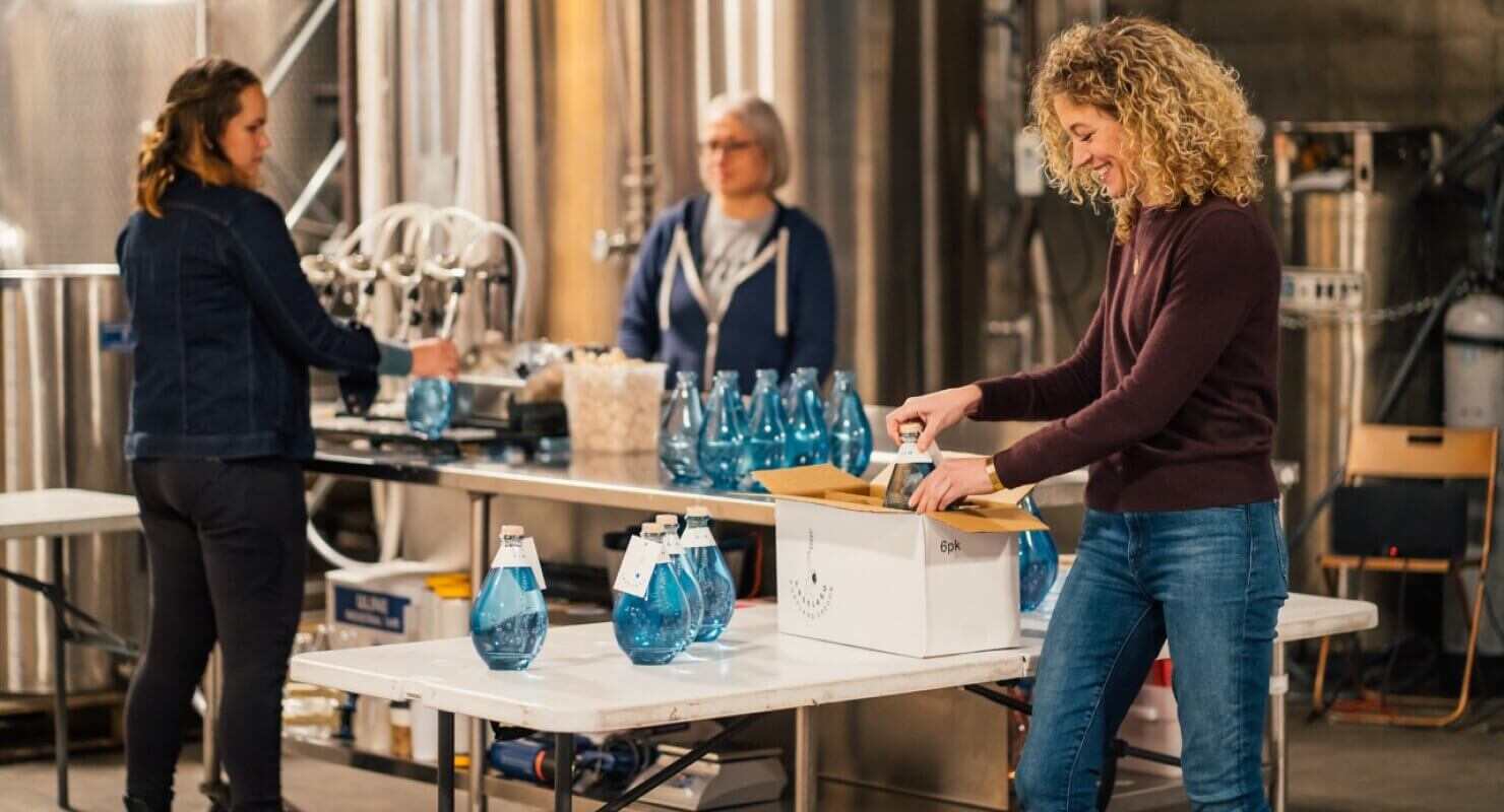 Small business owner smiling and packing inventory items