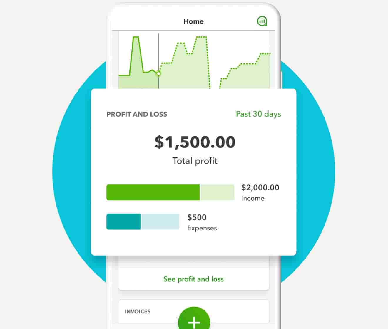 A smartphone with graphic overlay showing profit and loss for 30 days with a calculated total profit.