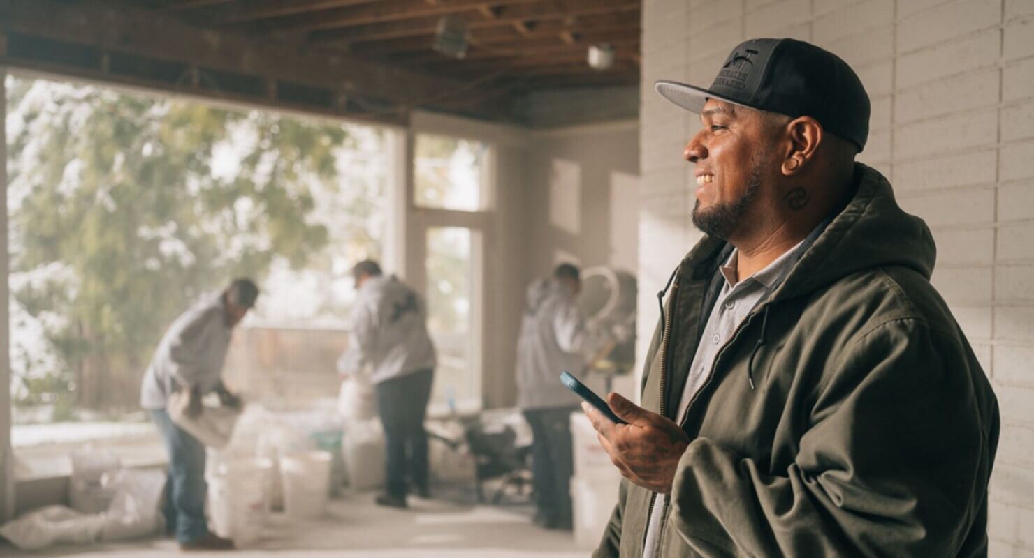 Small business owner smiling while looking at phone.