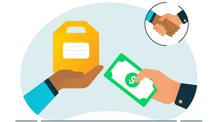an exchange where two hands are exchanging money for a bag. Then the shaking of hands