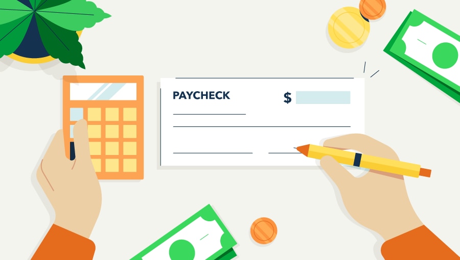 An illustration of a small business owner calculating their payroll expenses.