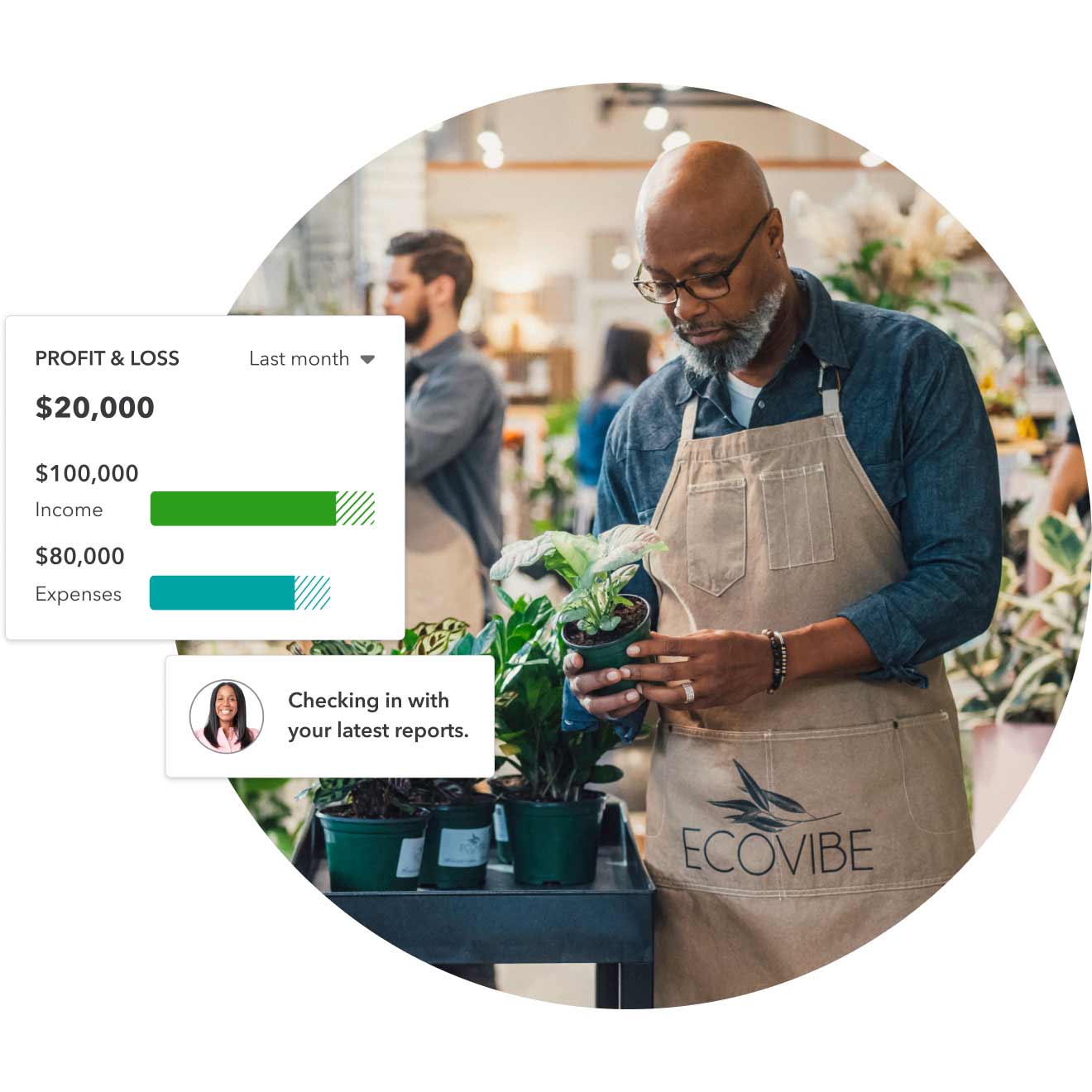 An owner of a plant store is tending to his plants. There is an overlay of a chat with a QuickBooks bookkeeper. 