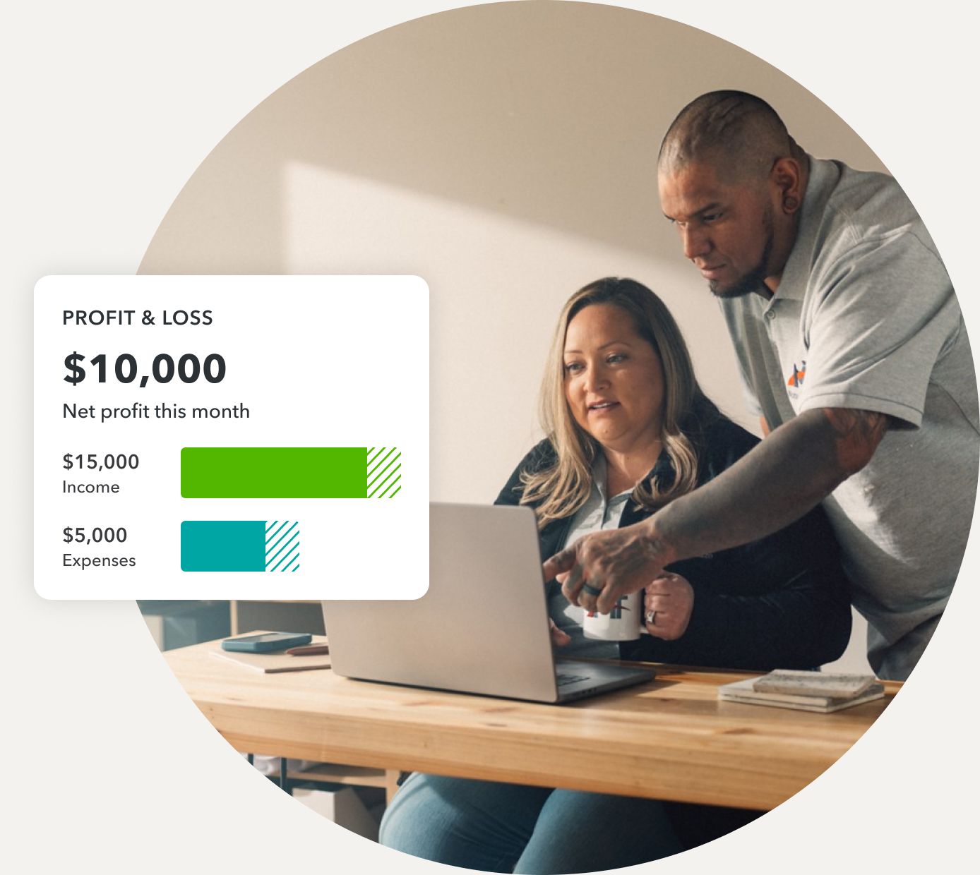 Business owners onsite looking at their laptop. The screen is displaying QuickBooks profit and loss showing their current net profit