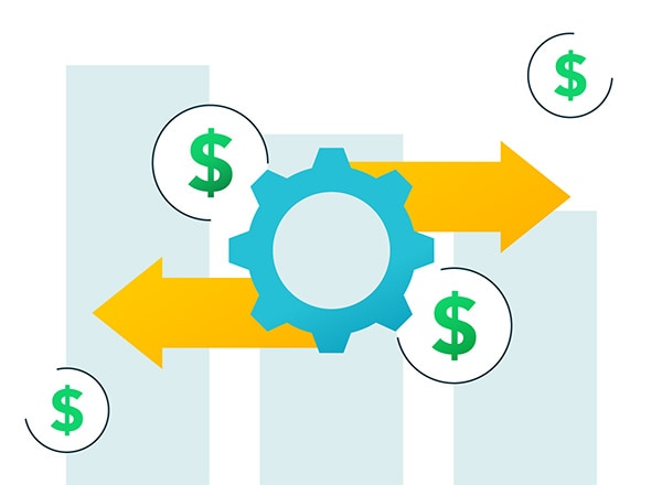 A cog representing operating costs with arrows and dollar signs