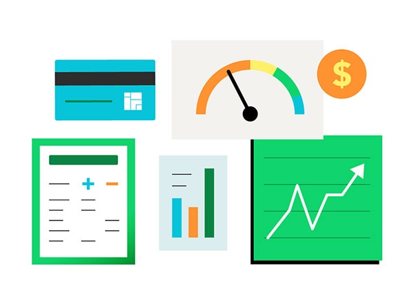 a blue credit card, a sheet of paper, a green bar graph, and an orange coin