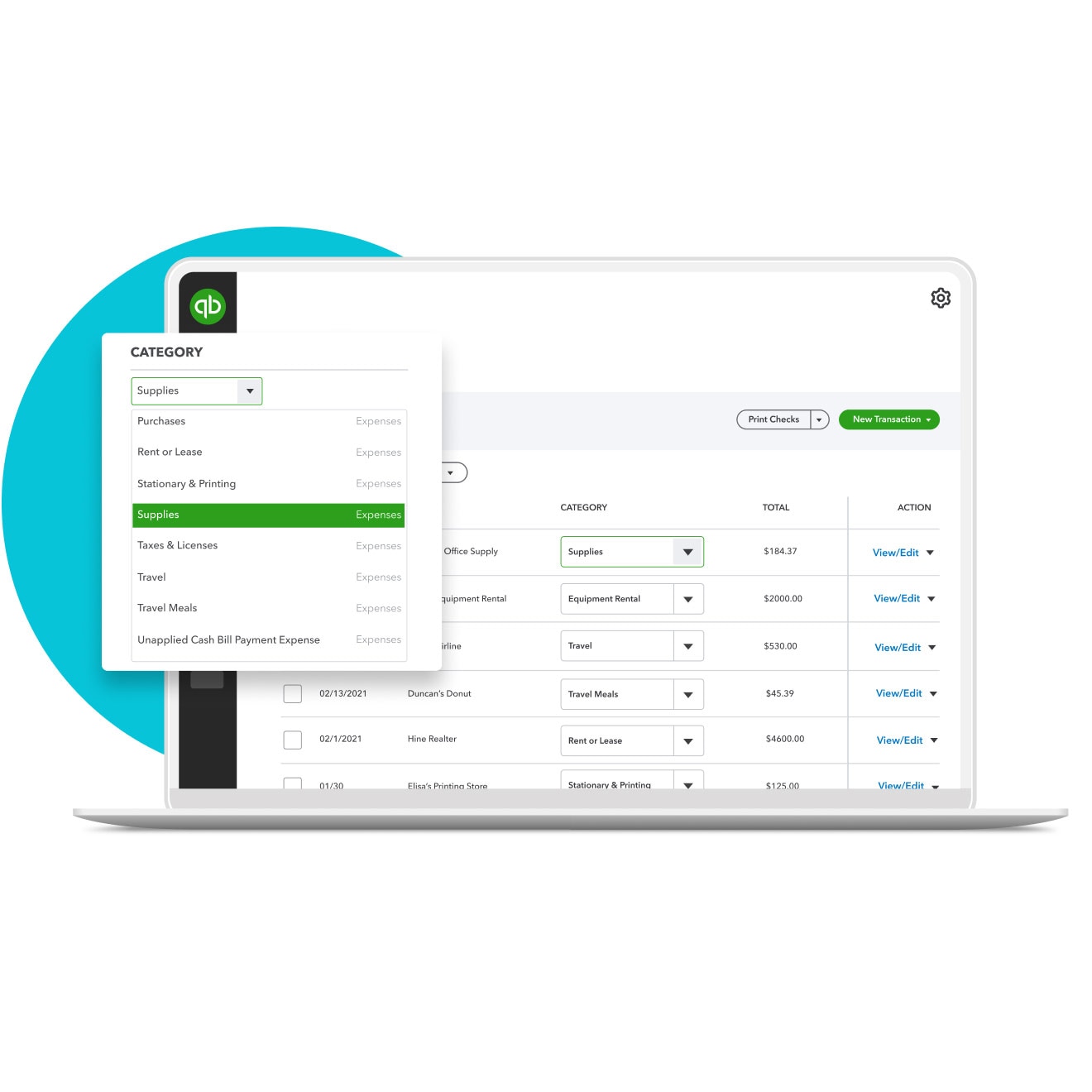 A QuickBooks dashboard showing categorized transactions is on a laptop screen