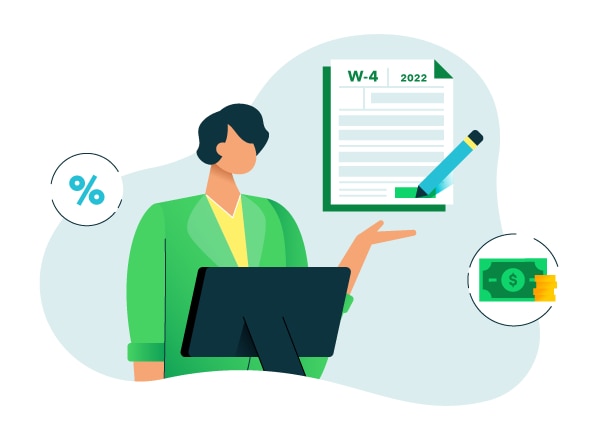 Woman wearing a green blazer, standing at a podium. A W-4 and an image of money surround the woman.