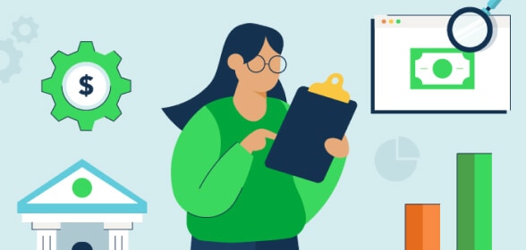 Figure holding a clipboard with various financial symbols in the background, including a bank, gear with dollar sign, dollar bill on a computer screen, and graphs.