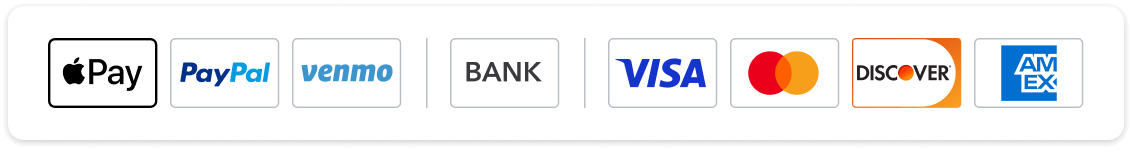 Logos for Apple Pay, PayPal, Venmo, bank, Visa, Discover, and Amex.