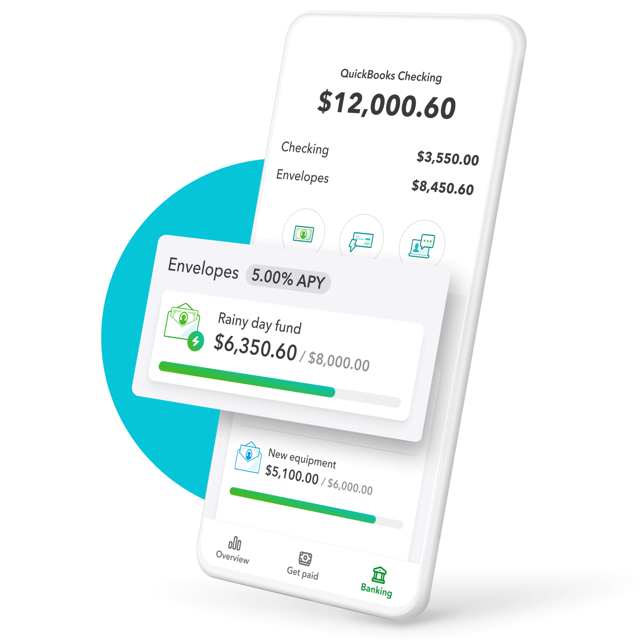 A phone showing a QuickBooks Checking account has an envelope with money set aside for a rainy day earning 5% interest.