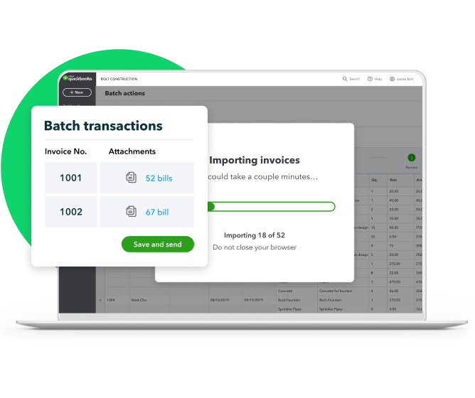 Laptop showing the Batch Transaction feature on QuickBooks Advanced.