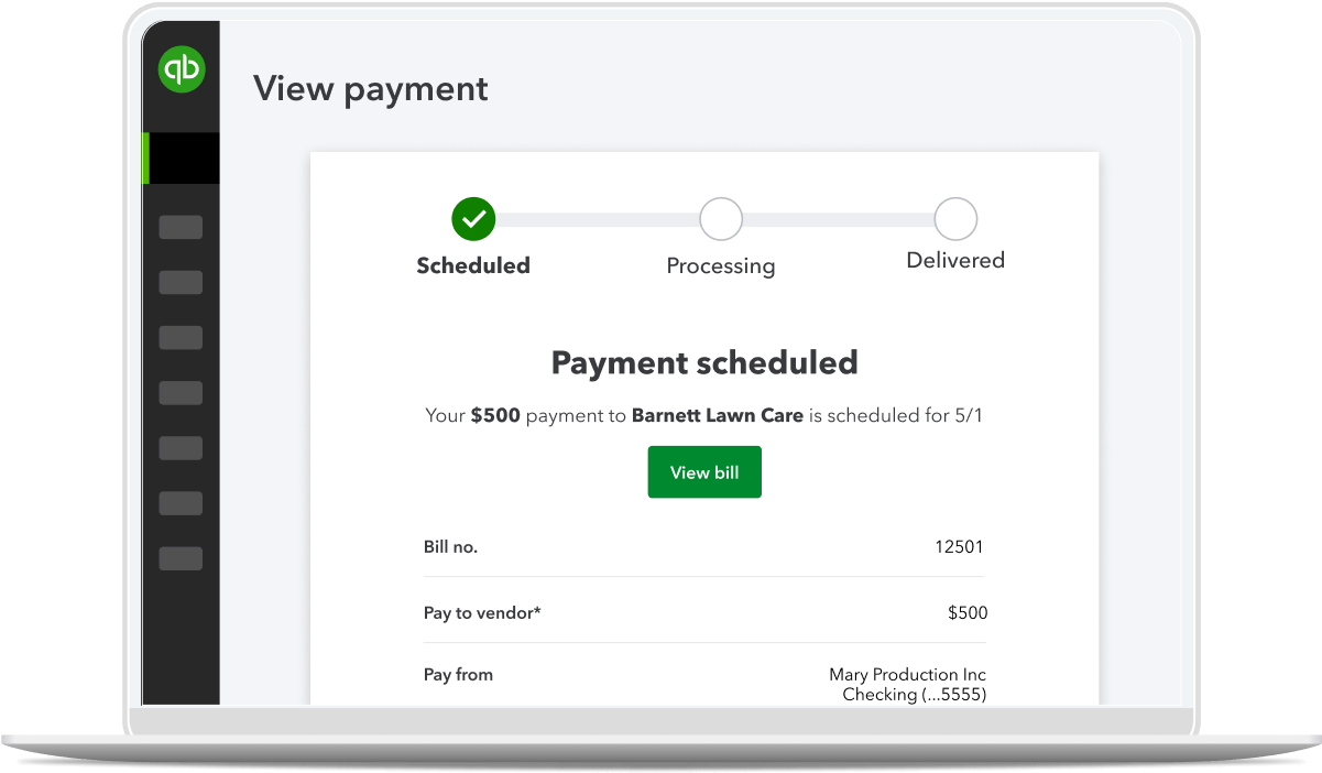 Laptop open to QuickBooks with a bill payment of $500 scheduled for May 1.