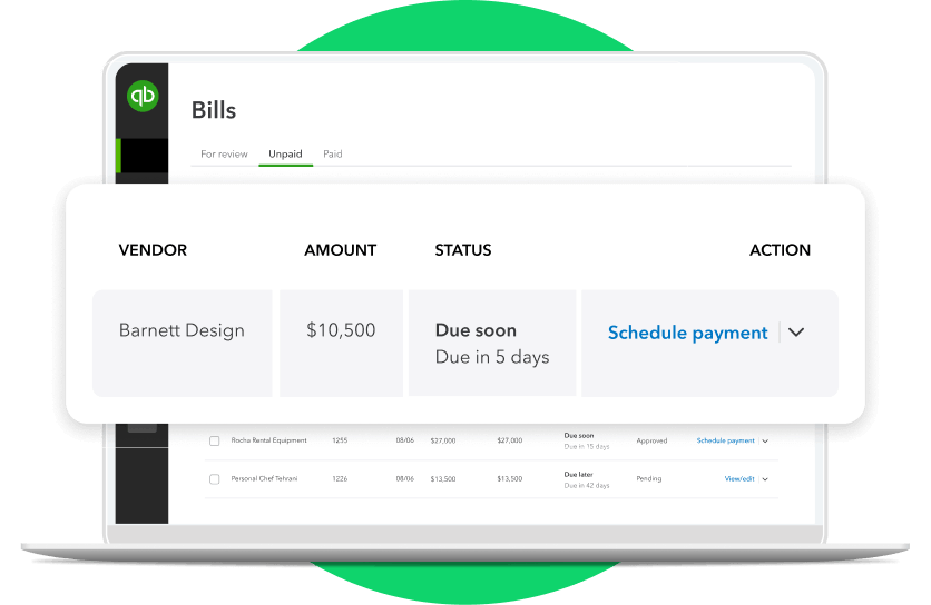 Laptop open to QuickBooks Bills screen showing an upcoming payment for a vendor, due in 5 days.