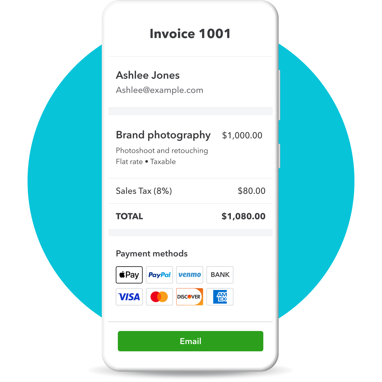 An image of a mobile device with a screen where someone is creating an invoice with multiple payment methods their customer can pay with.