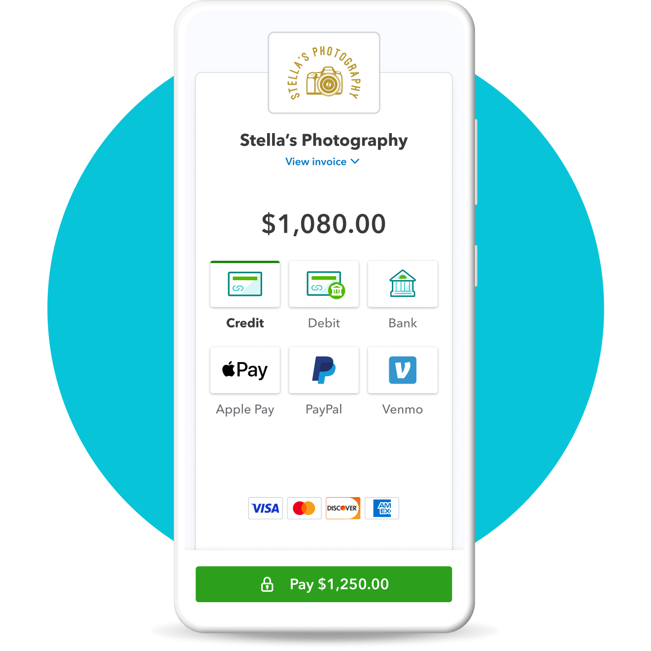An image of a phone with an online checkout a customer uses to pay an invoice.
