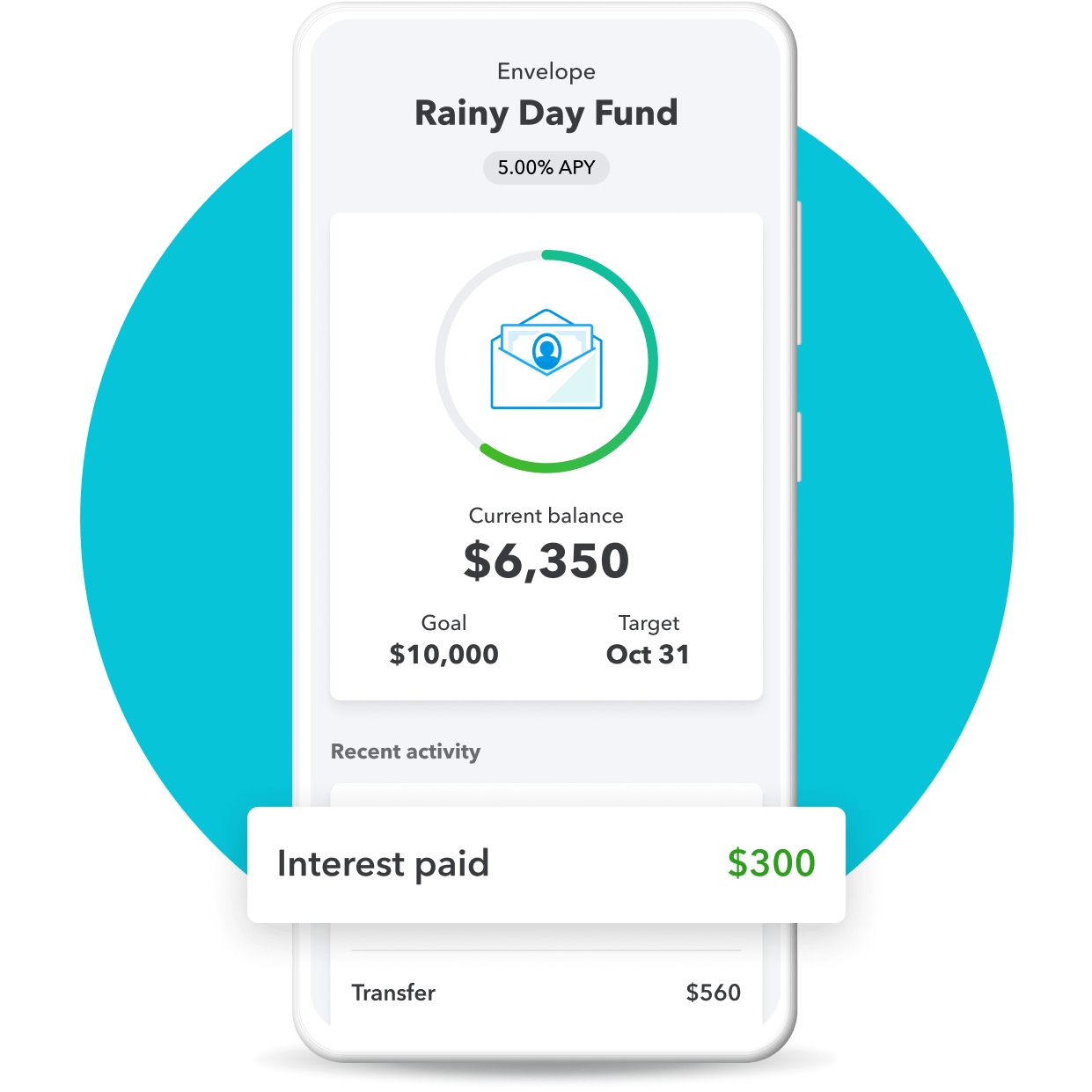 A phone showing a QuickBooks Checking savings Envelope where money is set aside for a rainy day.