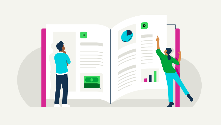 An illustration of two people looking at different financial terms.