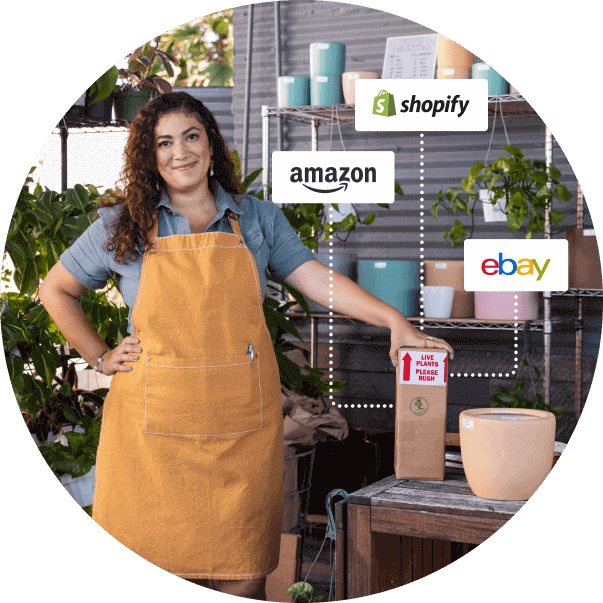Photo of a business owner with a package that’s connected to e-commerce logos.