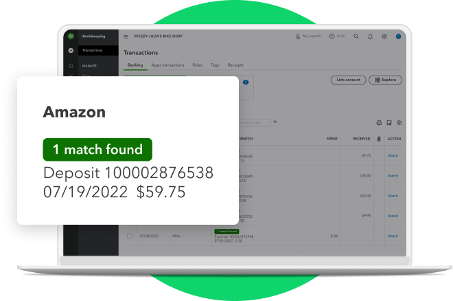 Laptop showing an Amazon payout match in QuickBooks.