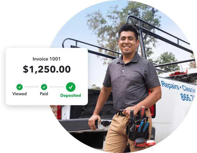 Contractor leaning on the back of truck. A graphic overlay displays the QuickBooks invoice payment notification.