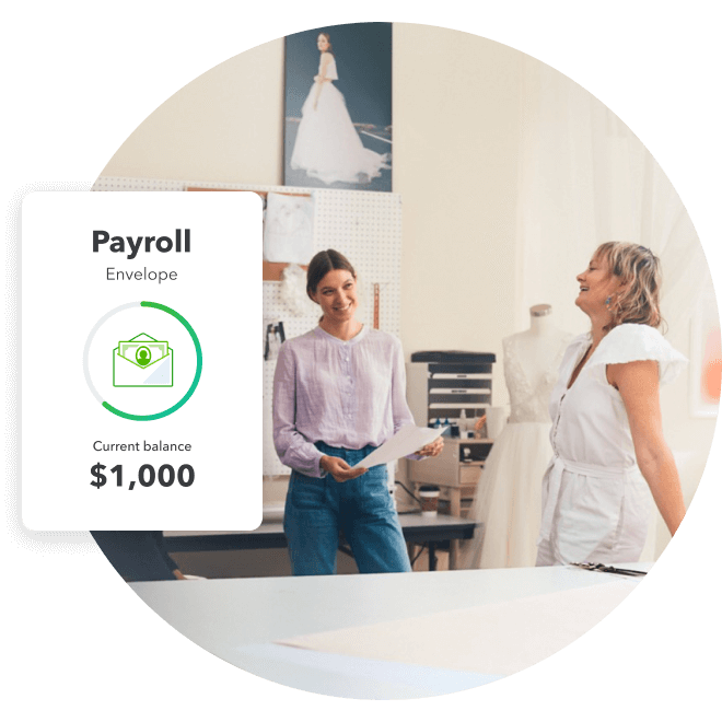 Business owner chatting with an employee. Payroll envelope shows the current balance of $1,000.