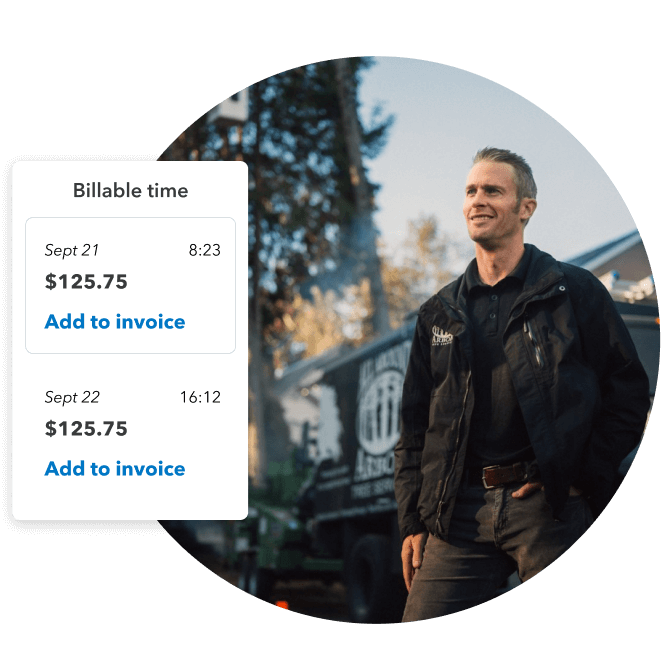 A business owner on a job site with a confident expression and an overlay image of billable time that's available to add to an invoice.