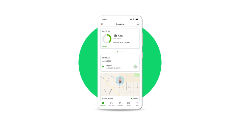 A mobile phone displaying the QuickBooks Workforce app overview page which shows the day's total tracked time, schedule, and map of employee location.