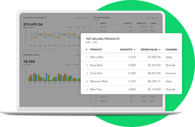 Laptop with top selling products report in QuickBooks.
