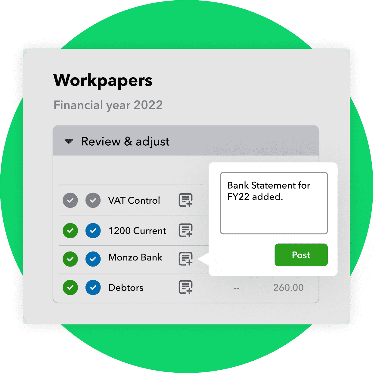 Review client financials and post adjustments